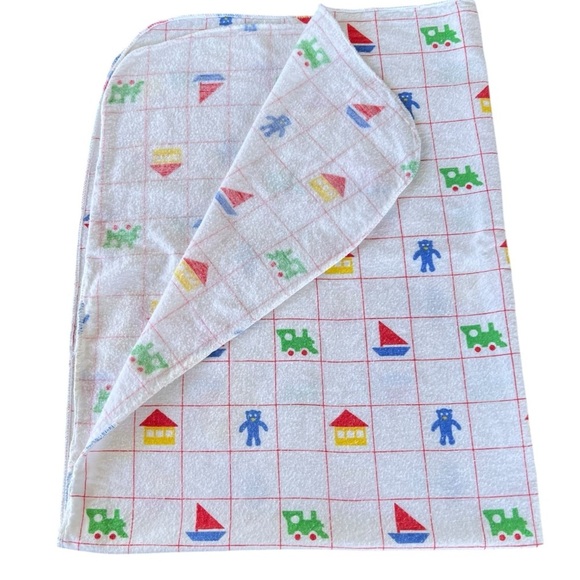 VTG Primary Color Grid Pattern Flannel Receiving Blanket Sailboat Bears Trains - Picture 5 of 7